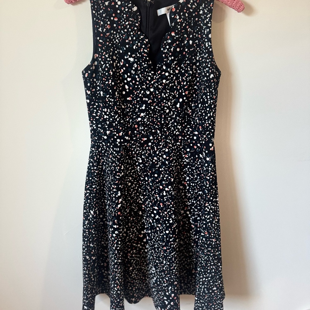 Black Sleeveless Fit-and-Flare Dress with White and Pink Speckle Print